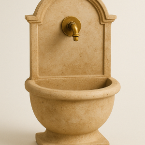 Fuente mural de piedra con grifo de latón